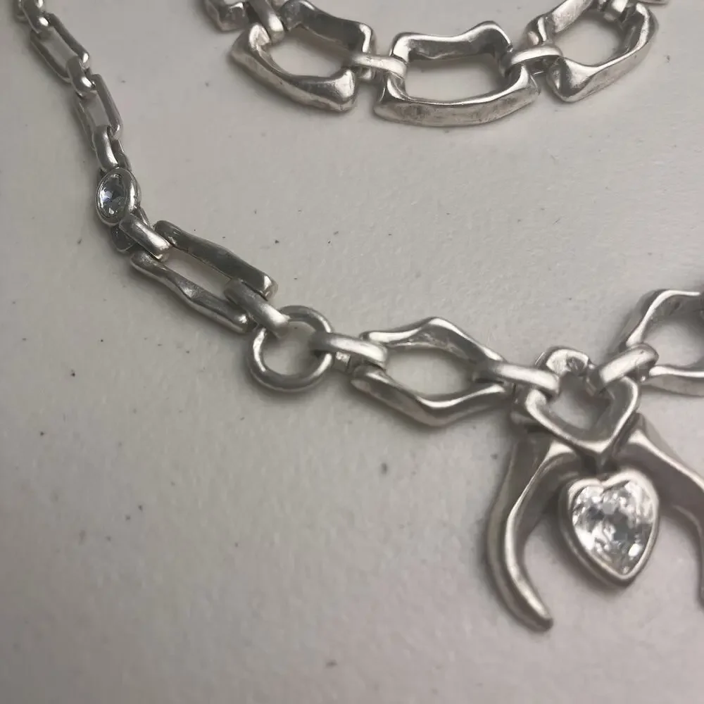 Silver Tone Heart Pendant Necklace Chunky Chain Bracelet Set Statement Bold Y2K